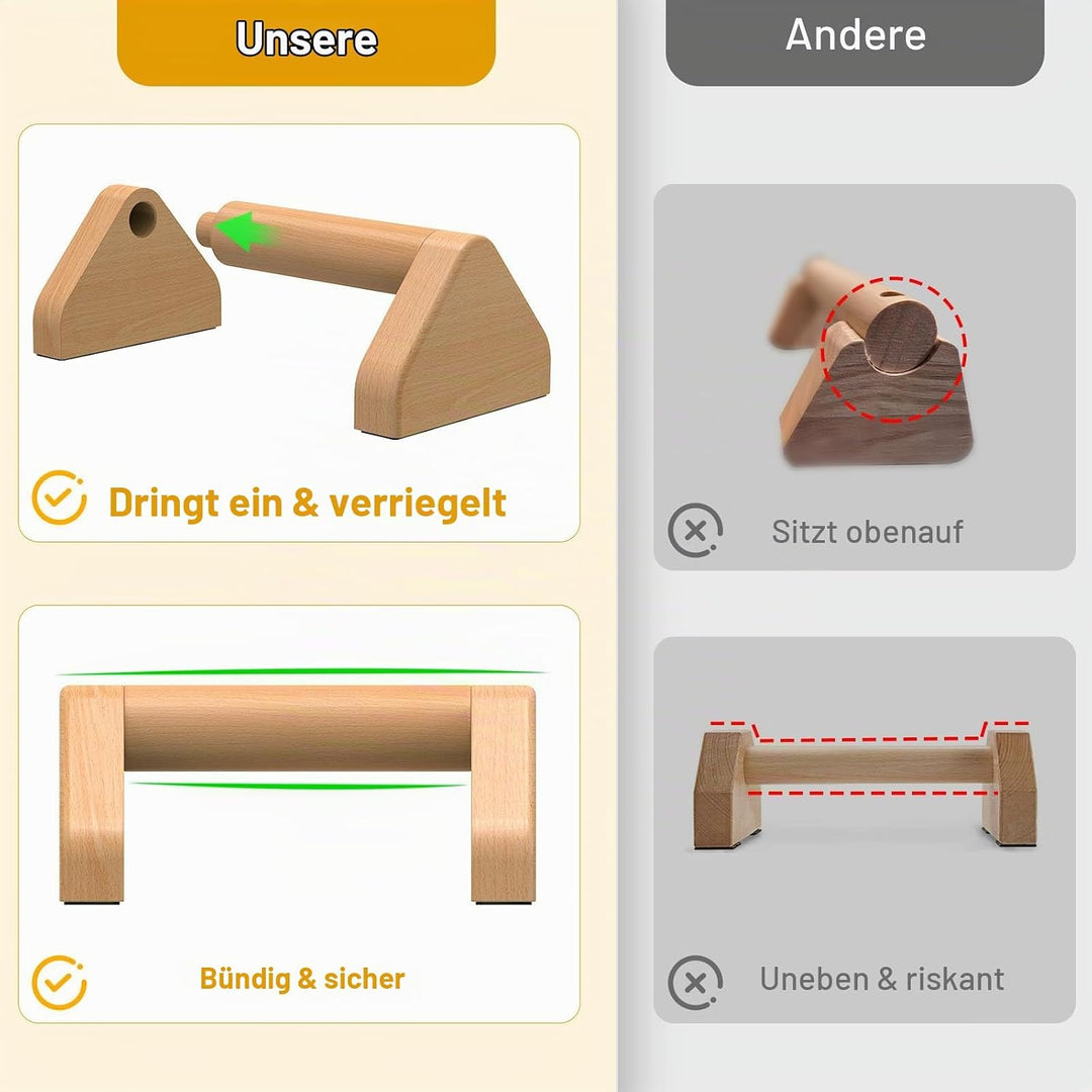 Kipika Push-up-Stangen aus Vollholz – 4-Zoll-Push-up-Griffe aus Buchenholz für den Boden, rutschfest