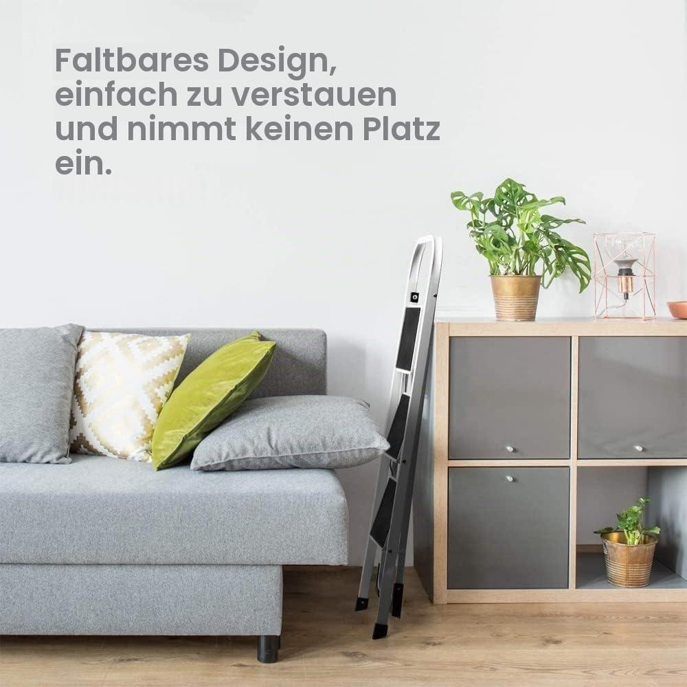 Trittleiter, 3 Stufen, Klappbare Haushaltsleiter, Alu Leiter, bis 150 kg, Sicherheitsleiter mit Anti