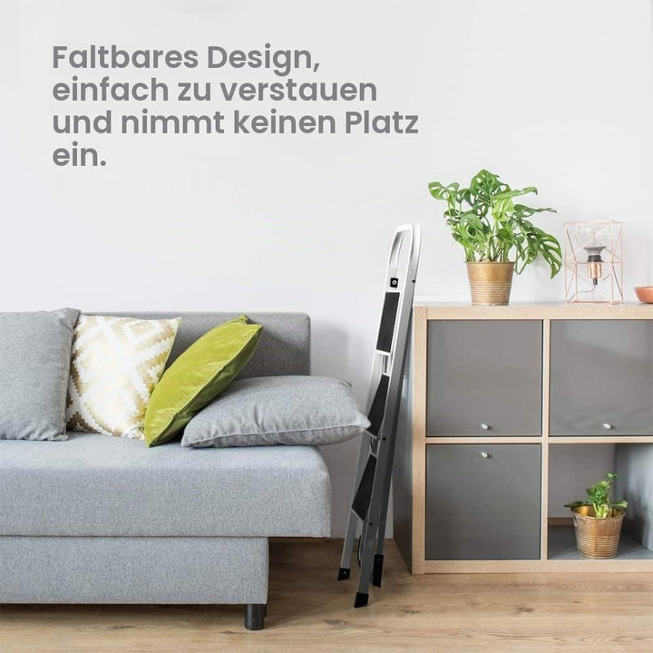 Trittleiter, 3 Stufen, Klappbare Haushaltsleiter, Alu Leiter, bis 150 kg, Sicherheitsleiter mit Anti