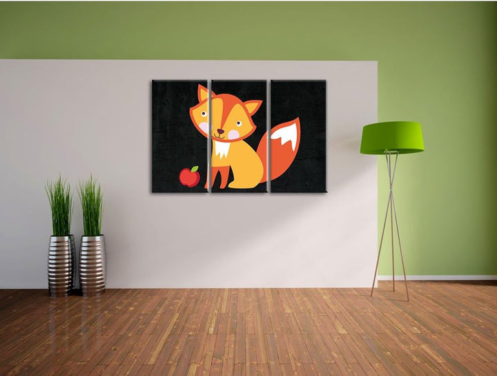 Pixxprint Niedlicher Fuchs mit Apfels als Leinwandbild/Grösse: 3 Teilig (120x80) cm/Wandbild/Kunstdr