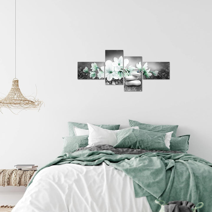 Runa Art Bild Modern Blumen Magnolien - Made in Germany - Wandbilder Abstrakt Grau Türkis 4 Teilig 0