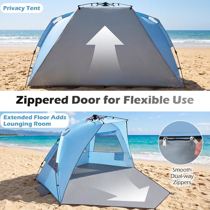 FANTASK Quick Up Strandmuschel, 3-4 Personen Strandzelt mit Reissverschlusstür &amp; 4 Mesh-Fenstern, V-
