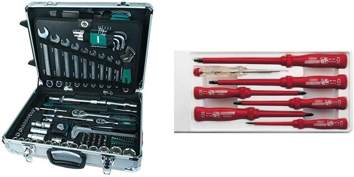 Brüder Mannesmann M29077 Alu-Werkzeugtrolley bestückt, 159-tlg & Elektro-Schraubendrehersatz, 7-tlg,