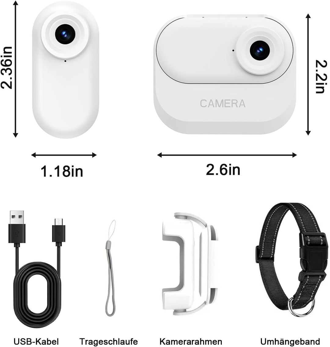 Mini-Bodycam 1080P HD, Tierkamera für Halsbänder mit kabelloser Ladestation – Daumen-Sportkamera mit