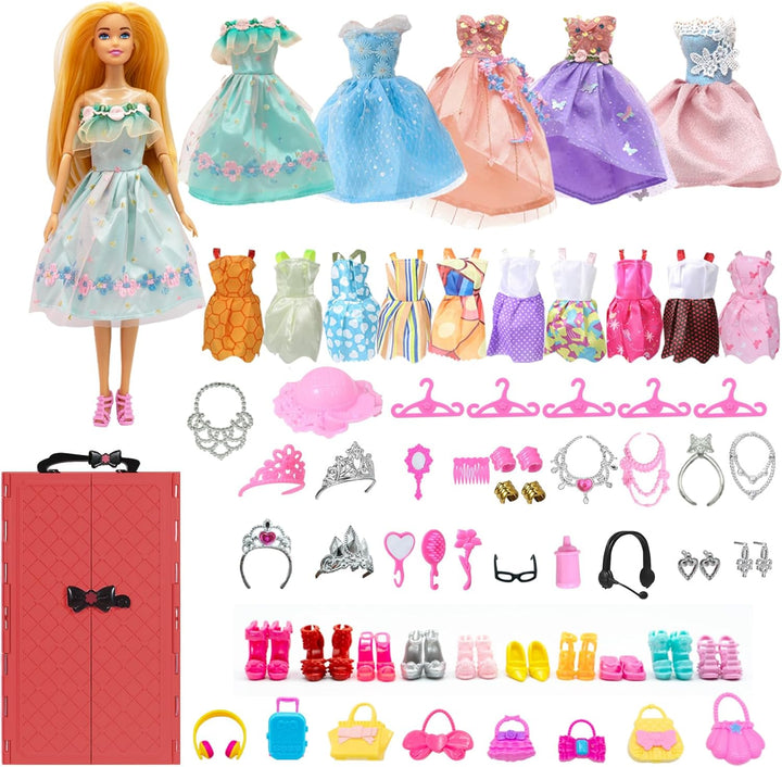 Kleiderschrank mit Puppe mit Kleidung Set，mit Puppe Prinzessin，Kleidung，Kleider，Schrank，Schuhe，Puppe