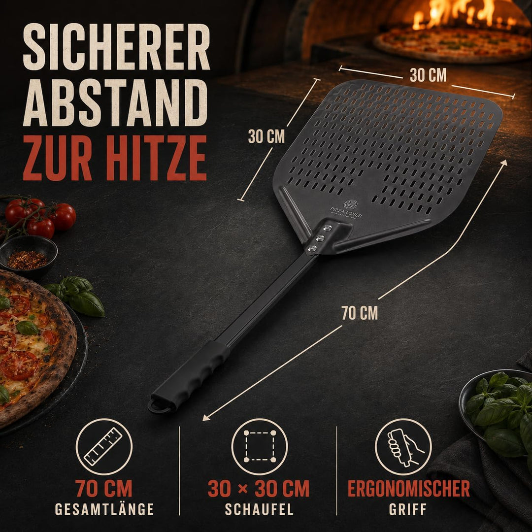 Pizza Lover® hochwertiger Pizzaschieber perforiert 30 x 30 cm Pizzaschaufel aus harteloxiertem Alumi