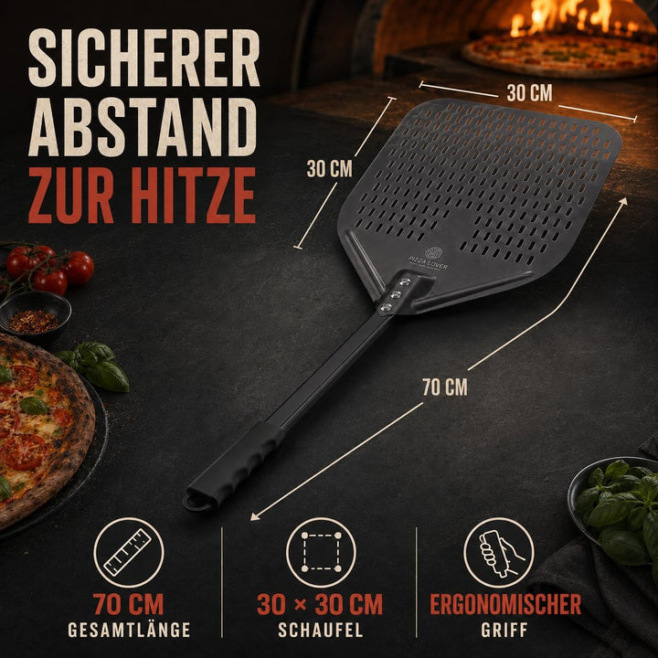 Pizza Lover® hochwertiger Pizzaschieber perforiert 30 x 30 cm Pizzaschaufel aus harteloxiertem Alumi