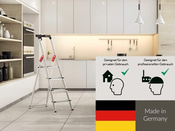 Hailo Stehleiter ComfortLine, 4 XXL-Stufen bis 150 kg, kleine Leiter aus Aluminium mit Ablage & tief