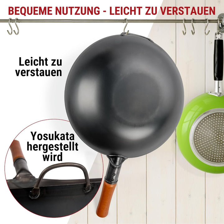 YOSUKATA Karbonstahl Woks &amp; Wokpfannen - 34 cm Voreingebrannter Wok Pfanne Karbonstahl Flacher Boden
