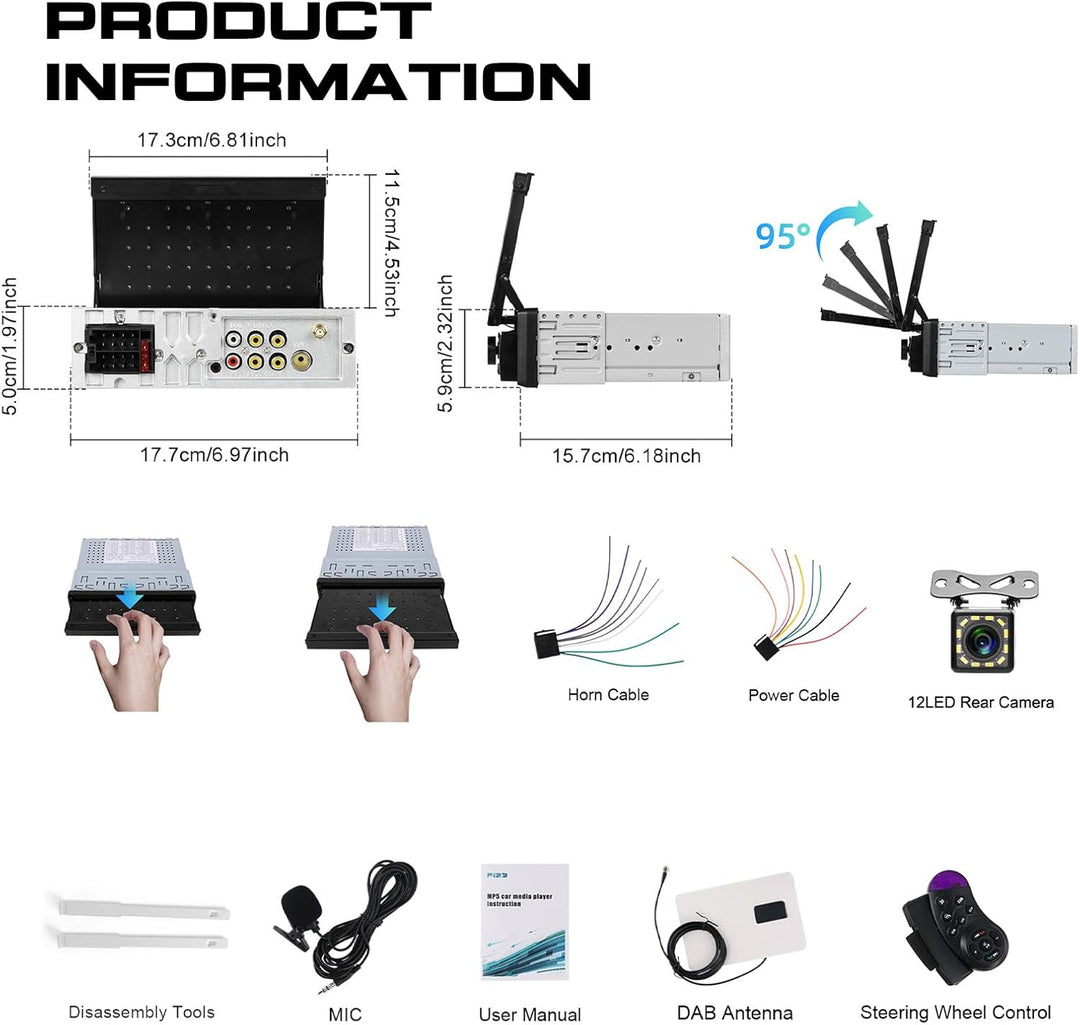DAB Autoradio 1 Din mit 7 Zoll Bildschirm Ausfahrbar, Hodozzy 1 Din Flip Out Touchscreen Autoradio m
