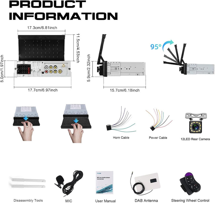 DAB Autoradio 1 Din mit 7 Zoll Bildschirm Ausfahrbar, Hodozzy 1 Din Flip Out Touchscreen Autoradio m