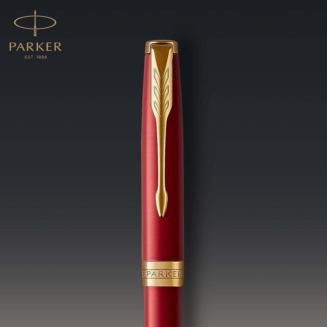 Parker Sonnet Kugelschreiber | Rote Lackierung mit Goldzierteilen | Mittlere Spitze | schwarze Tinte