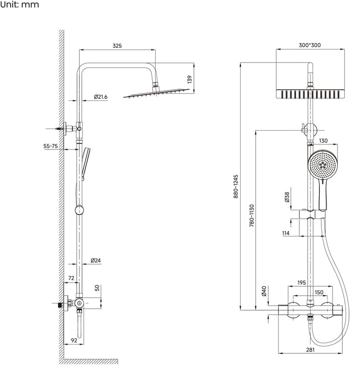 Auralum Duscharmatur Komplettset, Duschsystem mit Thermostat, 30cm Edelstahl Regendusche, 5 Strahlar