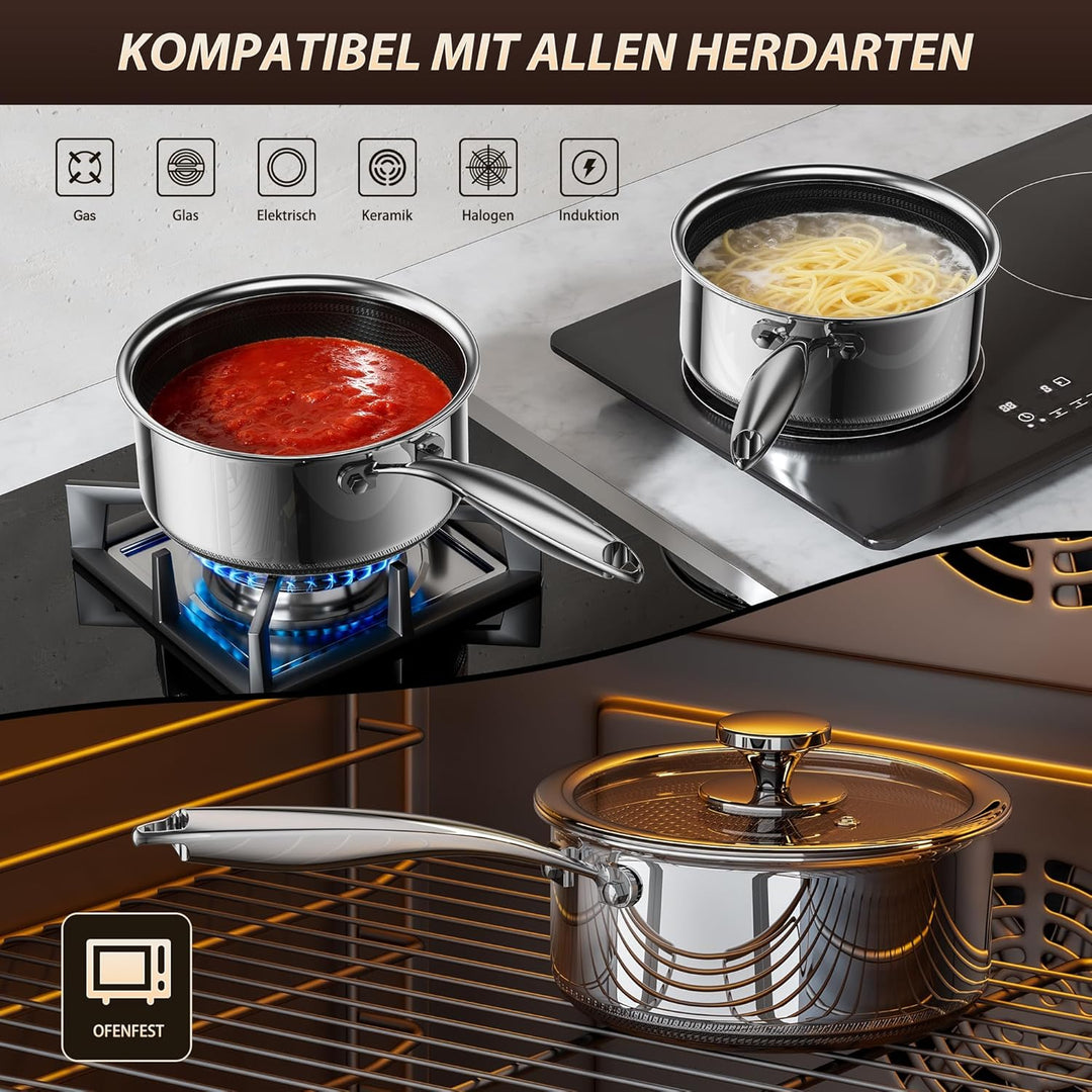 Kochtopf mit Deckel Hybrid 16cm/1.1L, Stielkasserolle Induktion Antihaft, Kühl bleibender Griff, Spü