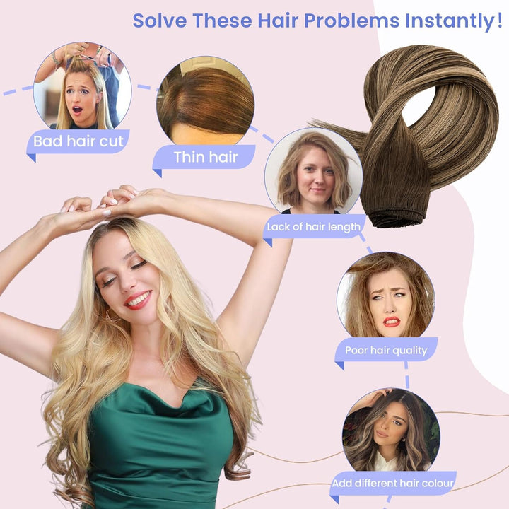 Elailite Extensions Echthaar Clip in 8 Tressen Glatt #2T2P6 Dunkelbraun/Hellbraun, Haarverlängerung