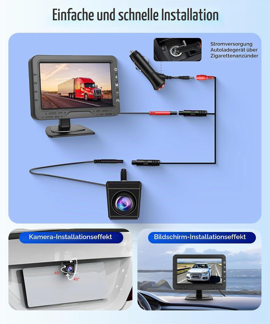 VECHTEL Rückfahrkamera Kable mit 4.3-Zoll-HD-Bildschirm, IP68 Nachtsicht Drehbar Rückfahrkamera mit