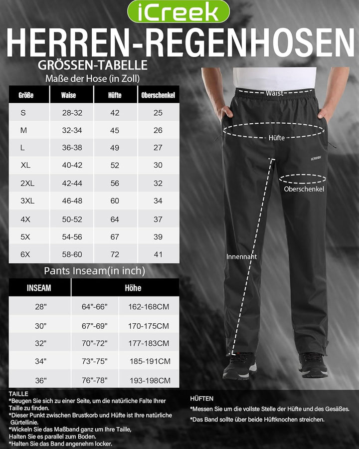 Regenhose für Herren wasserdichte Leichte Winddichte Outdoorhose zum Wandern Camping Golf XS / 28L S