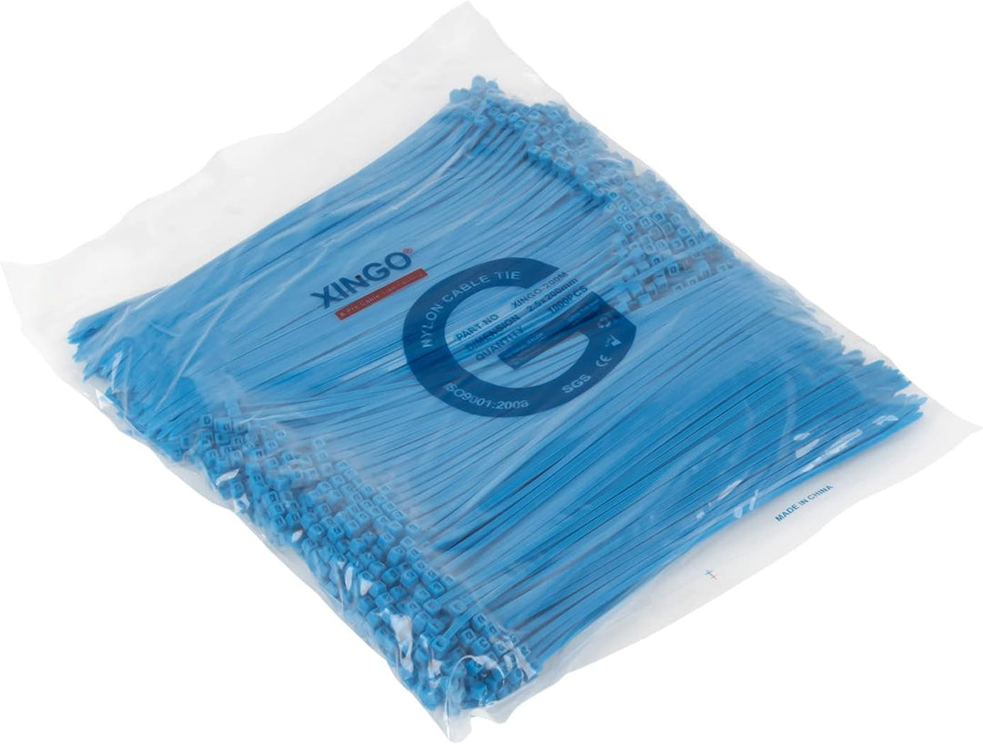 XINGO 1000 Stück Kabelbinder Blau, 200mm x 2,5mm, 8,1 kg Zugfestigkeit, kleine Grösse, UV Beständig