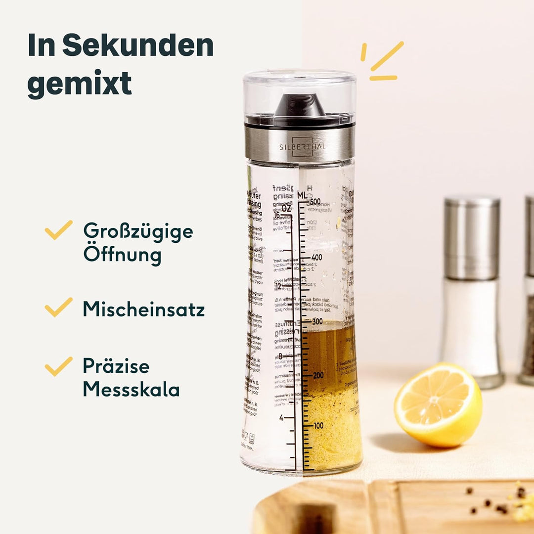 SILBERTHAL Dressingshaker aus Glas mit Rezepten – 500 ml – Spülmaschinenfest - Neuer Deckel & Neue R