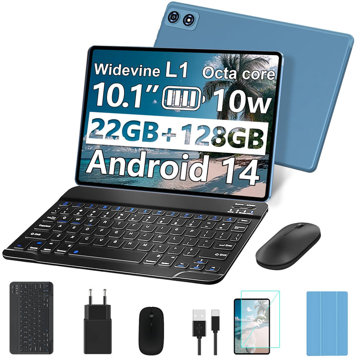 Android 14 Tablet 10 Zoll 22GB RAM+128GB ROM Octa-Core Tablet 5G WiFi, Mit Tastatur Maus, 8000mAh, (