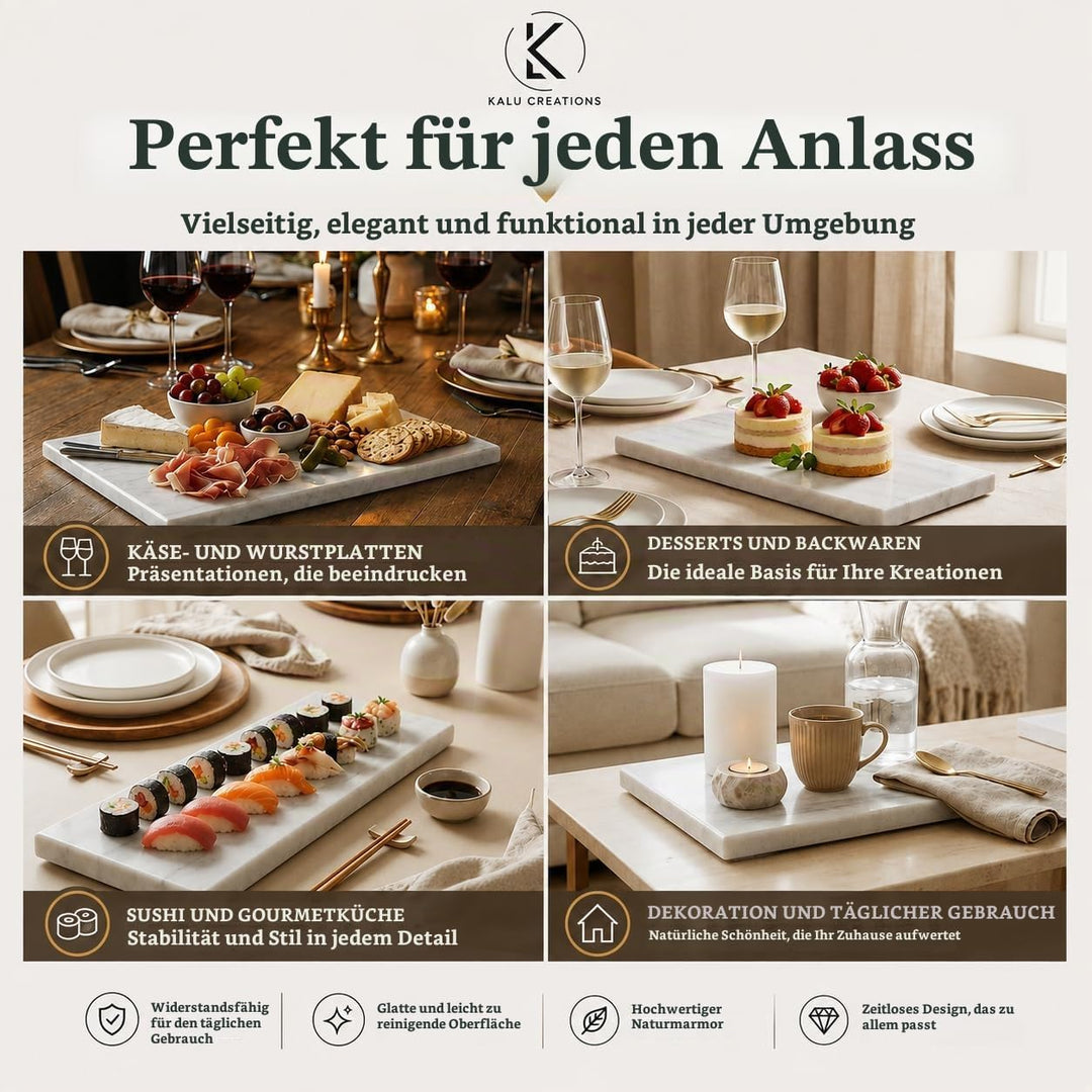 Marble Table – Schneidebrett aus weissem Marmor, 40 x 30 cm, elegant, glänzend, natürlich, ideal für