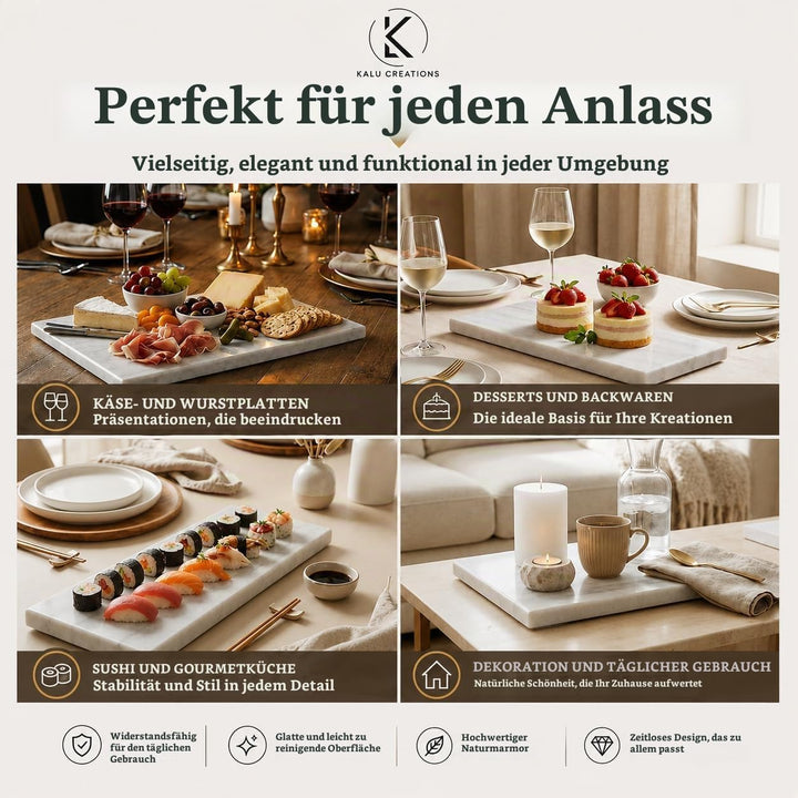 Marble Table – Schneidebrett aus weissem Marmor, 40 x 30 cm, elegant, glänzend, natürlich, ideal für