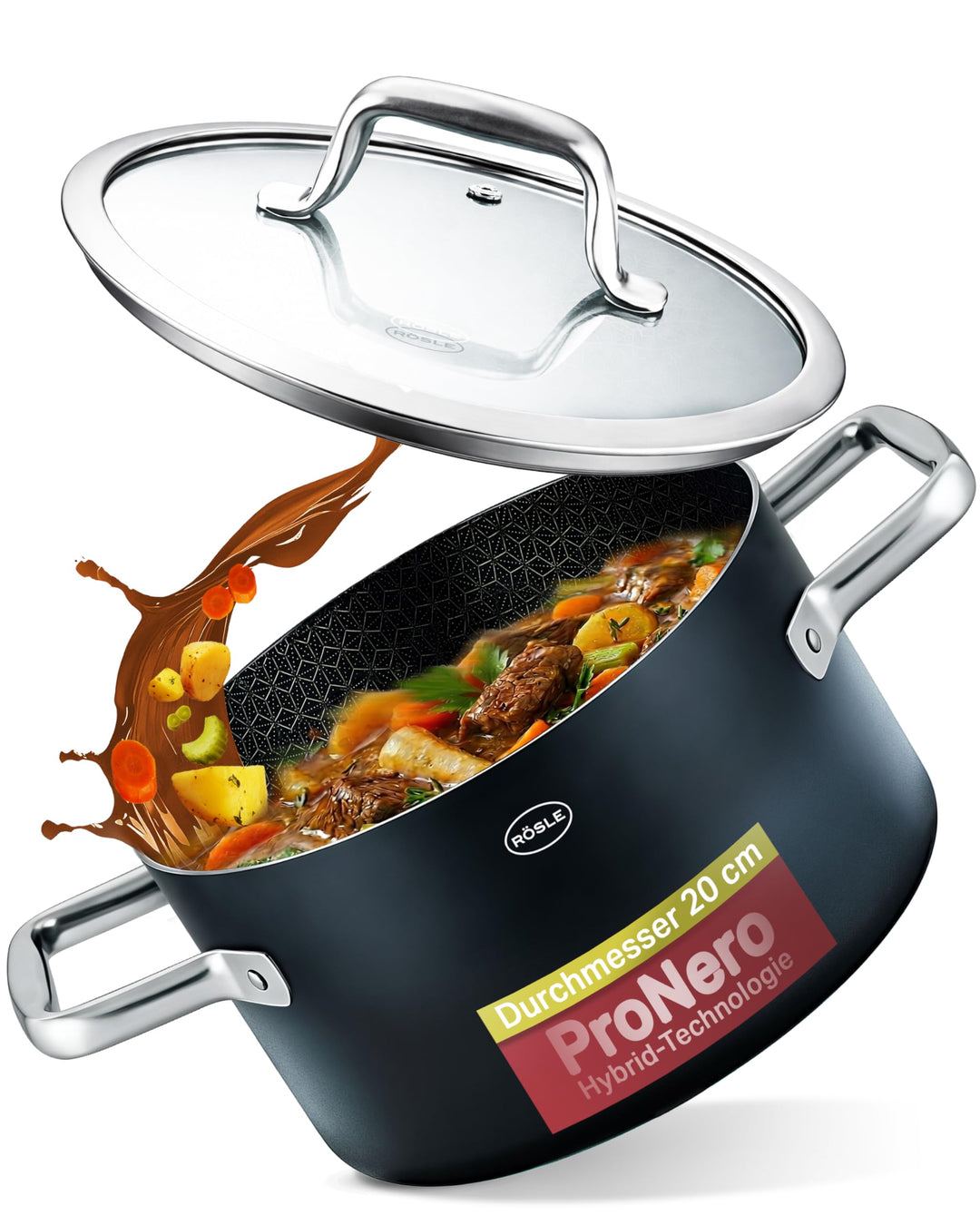 RÖSLE EBONIC Kochtopf 20 cm Induktion – Topf 20cm mit Deckel – ProNero Keramik Antihaftbeschichtung