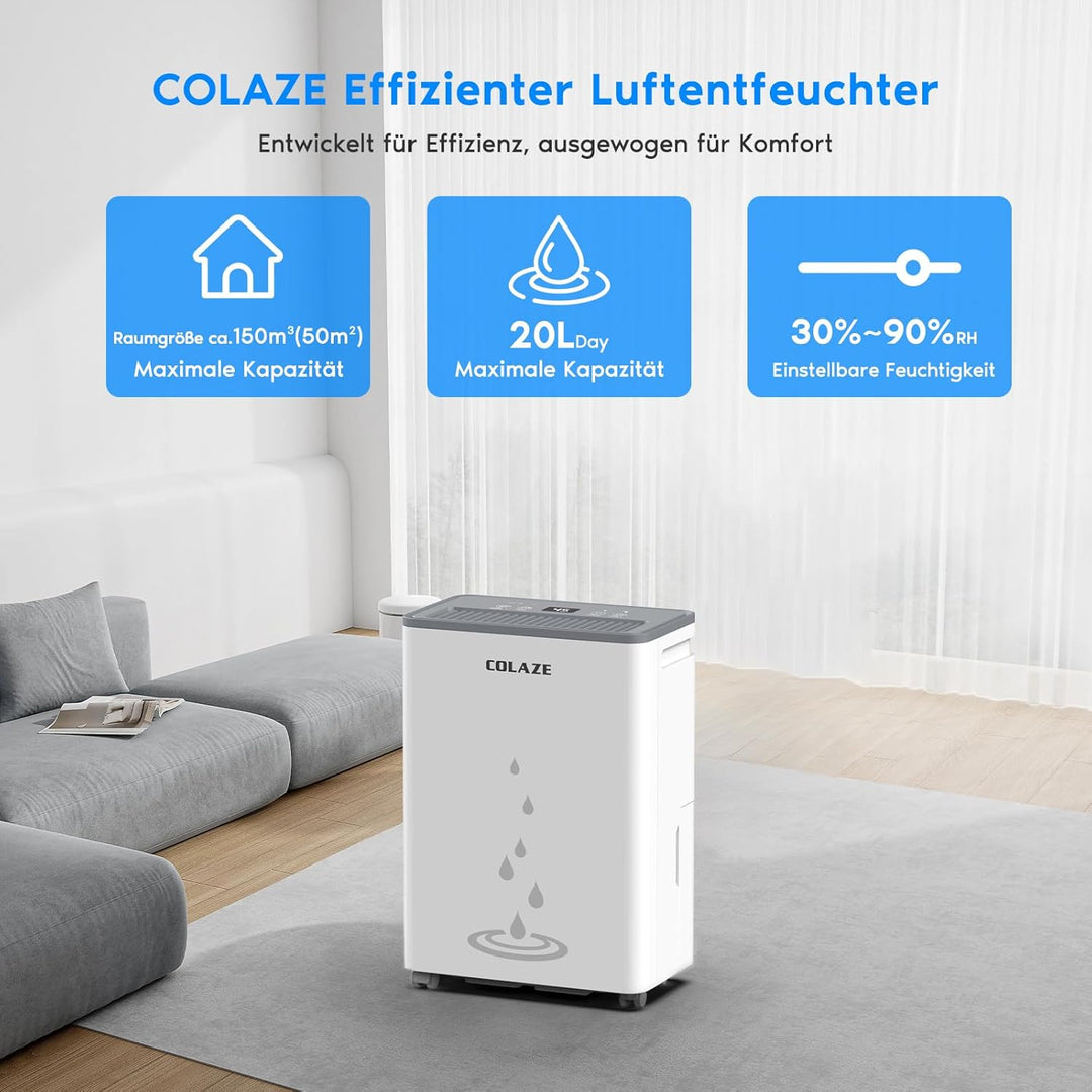COLAZE Luftentfeuchter 20L/24h, Luftentfeuchter Elektrisch für Raumgrössen bis zu 150m³/50m², Entfeu