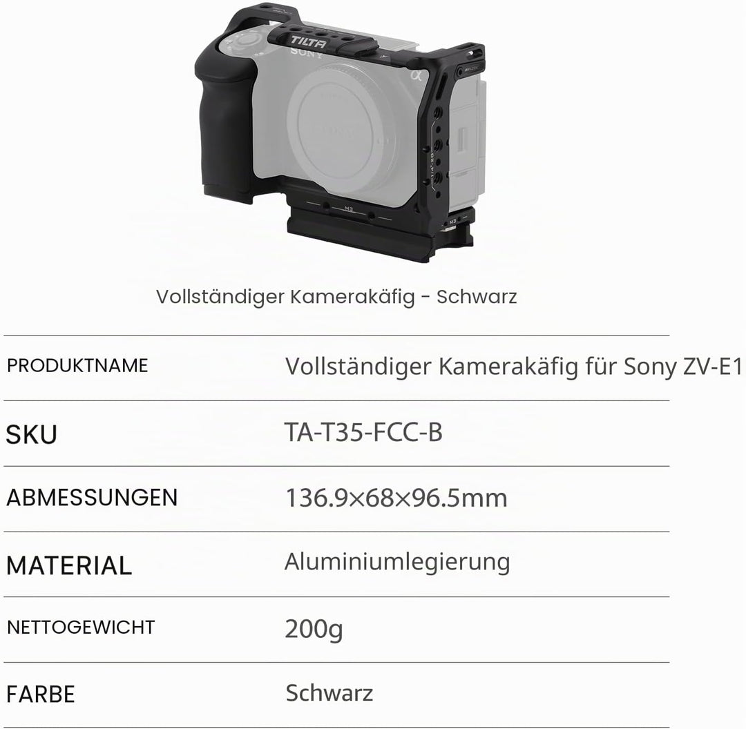Tilta ZV-E1 Cage, kompletter Kamerakäfig, kompatibel mit Sony ZV-E1 mit integriertem Handgriff Hohe
