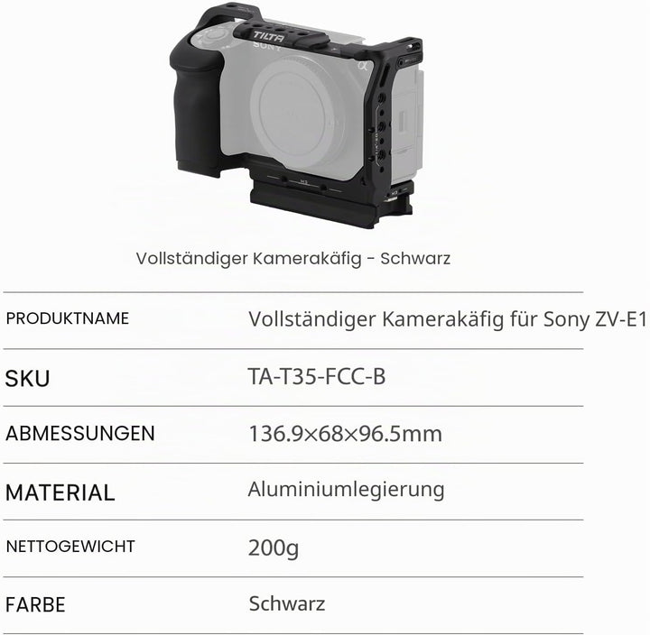 Tilta ZV-E1 Cage, kompletter Kamerakäfig, kompatibel mit Sony ZV-E1 mit integriertem Handgriff Hohe