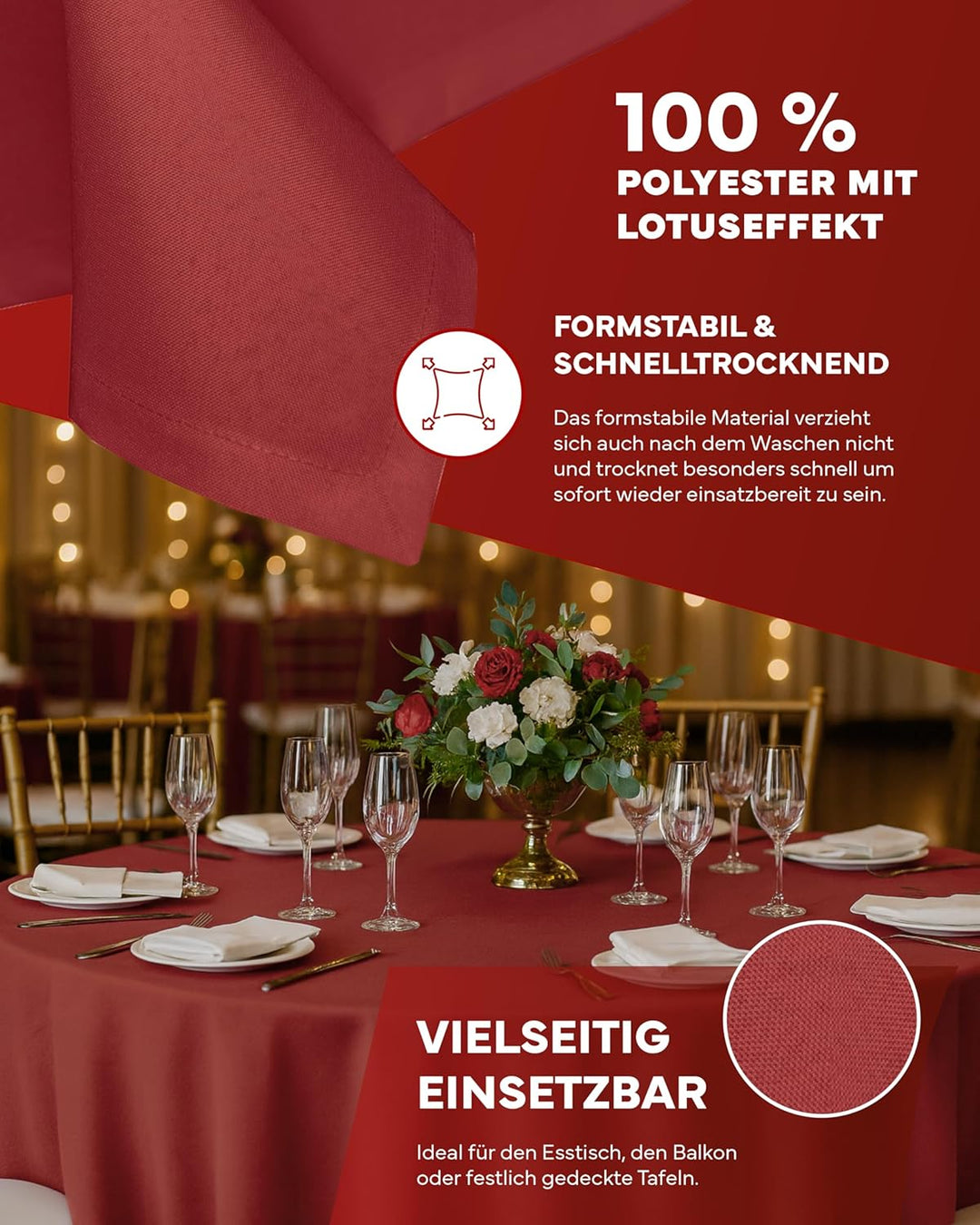texpot Gartentischdecke 220 cm rund in Rot mit Leinen Optik Lotuseffekt Fleckschutz Bügelfrei Tischd