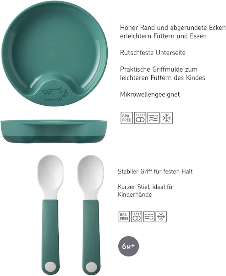 Mepal Mio - Lernteller mit Lernlöffel - Deep turquoise - rutschfester Kinderteller, handliche Kinder