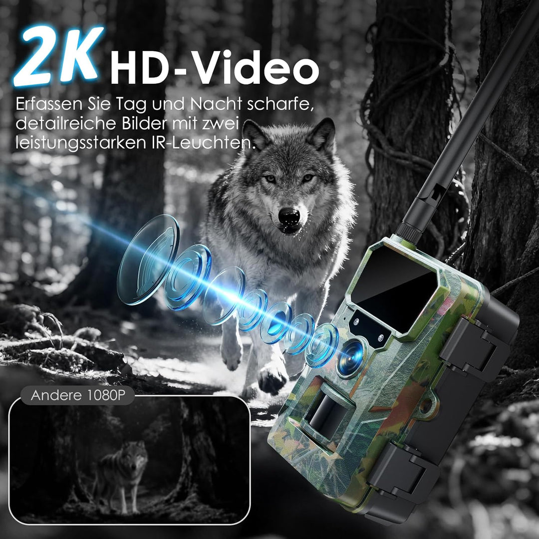 WOLFANG 4G/LTE Wildkamera Solar, 2K 48MP Live Übertragung Wildkamera mit Handyübertragung App, 5200H