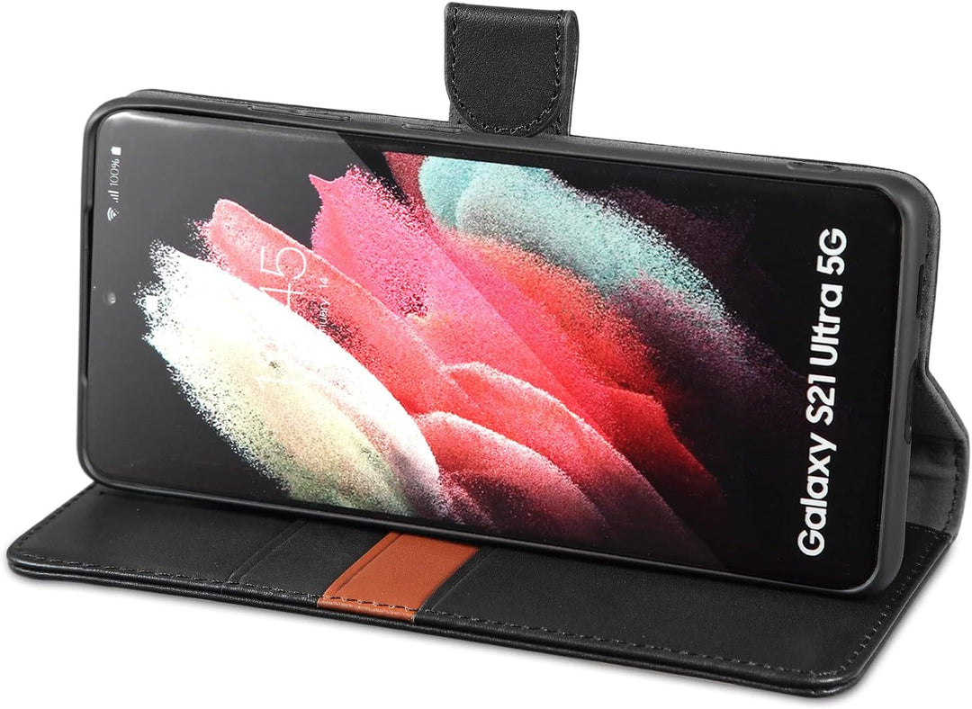 LENSUN Echtleder Hülle für Samsung Galaxy S21 Ultra, Handyhülle [Echtes Leder] [Magnetverschluss] [K
