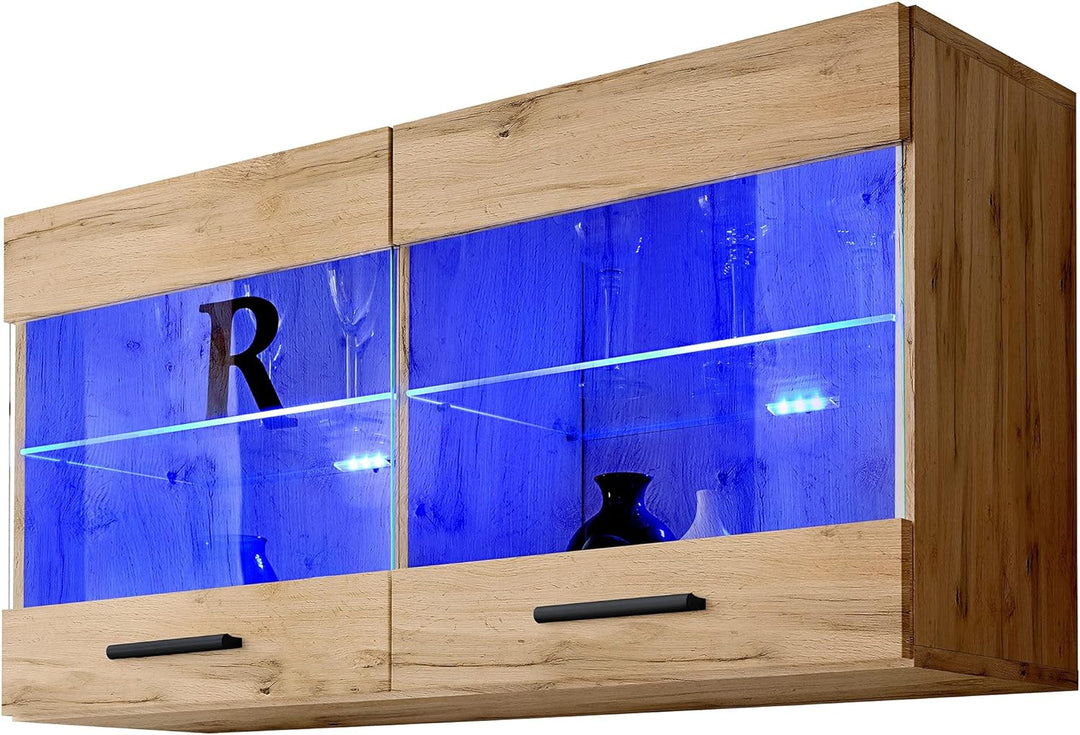 Komodee, Vitrine Schrank Savona, Wotan/Wotan, Breite 100cm x Höhe 50cm x Tiefe 30cm, Blaue LEDs, 2 G