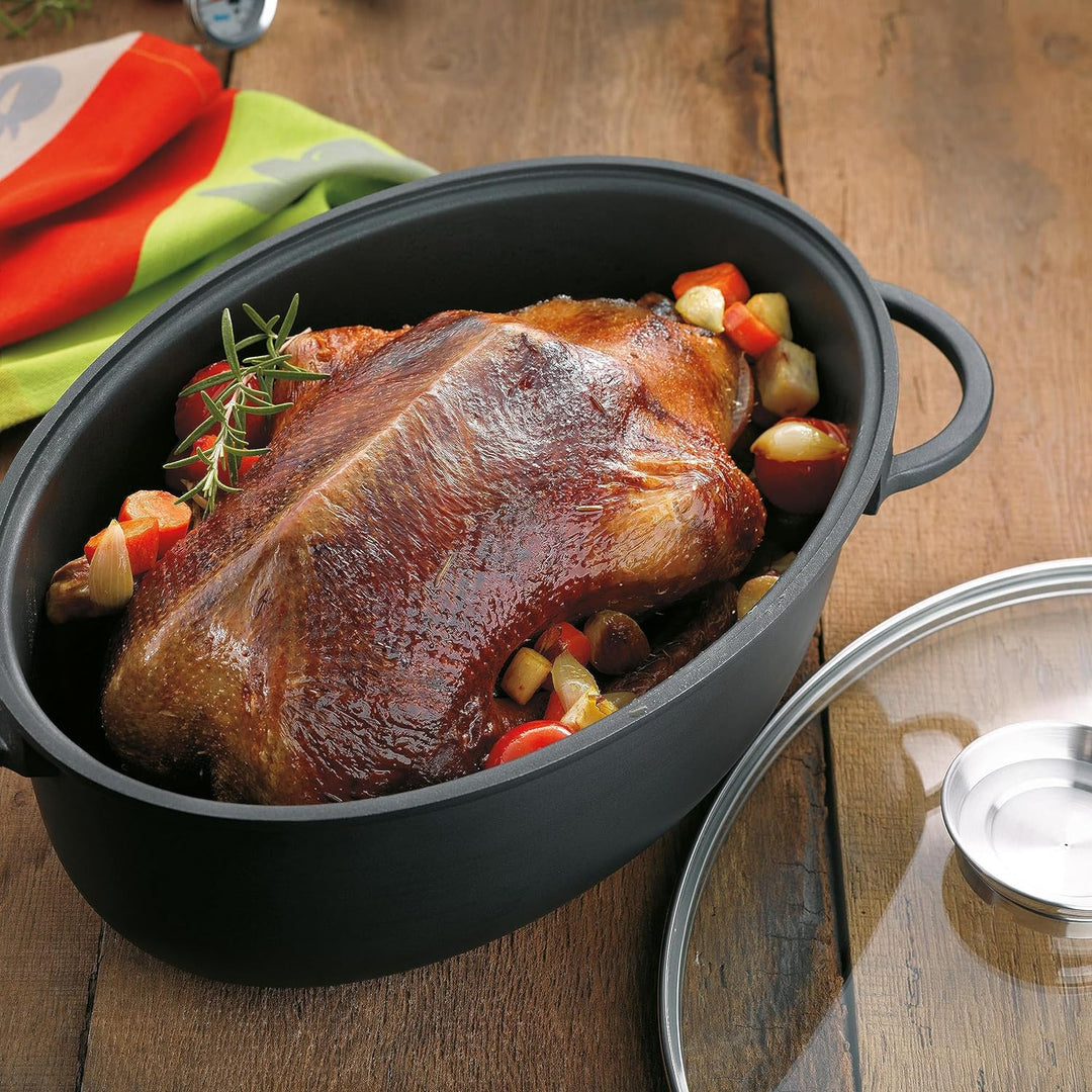 Kela 15153 Bräter, Glasdeckel mit Aromaknopf, Aluguss 5 mm, Antihaftbeschichtung, Induktionsgeeignet