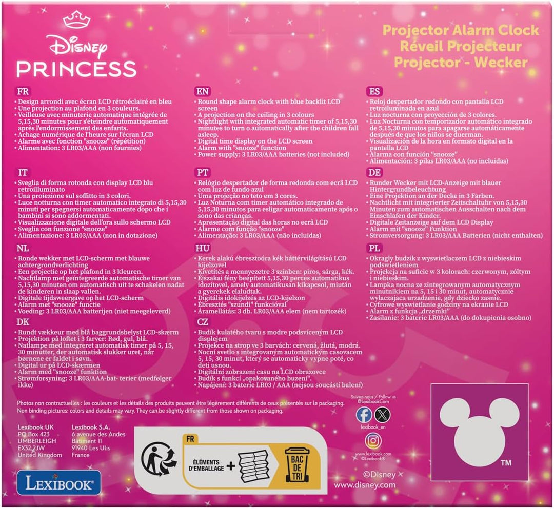 Lexibook RL977DP Projector-Wecker Disney Princess mit Schlumbmerfunktion und Weckfunktion, Nachtlich