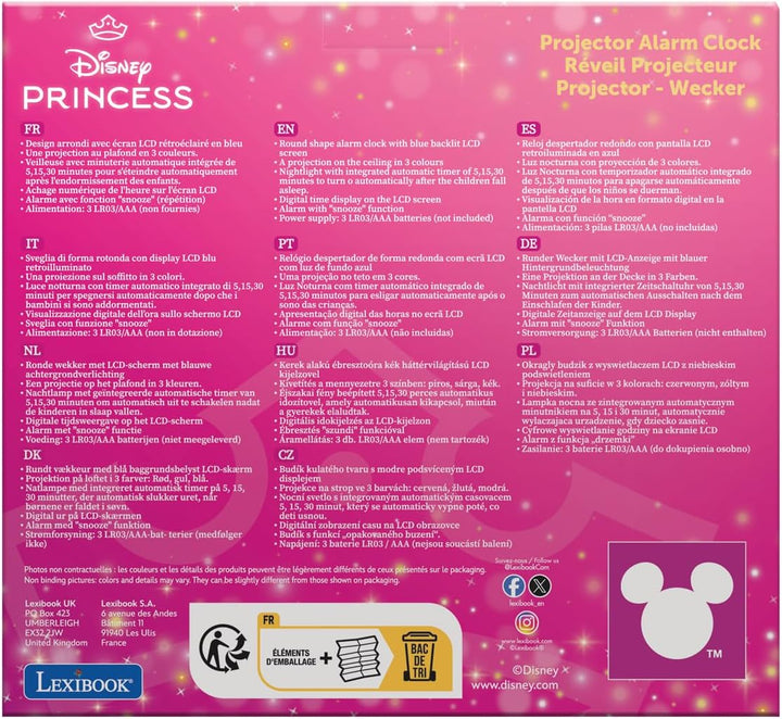 Lexibook RL977DP Projector-Wecker Disney Princess mit Schlumbmerfunktion und Weckfunktion, Nachtlich