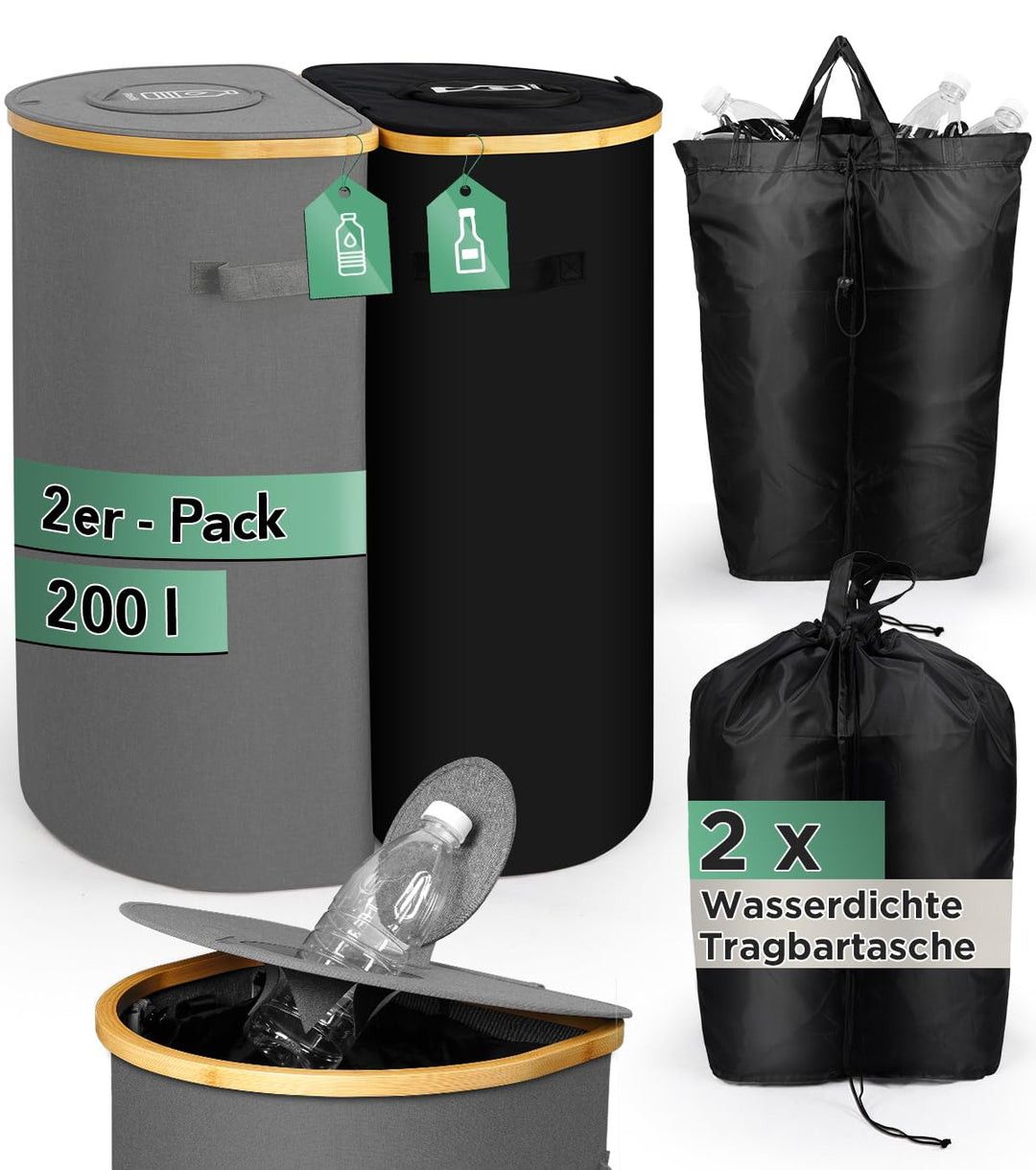 SOUTHGATE 2er Pack Pfandflaschen Sammelbehälter mit Deckel, 200L Pfandbehälter 2 Fächer, Leergut & A