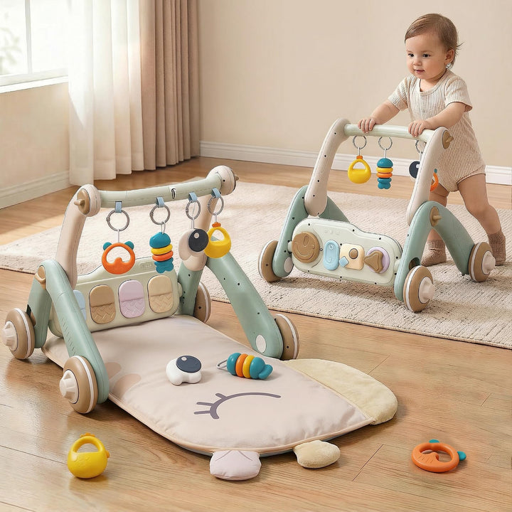 JOVOW 2-in-1 Babygym mit Lernwagen, Babyspielmatte mit 4 Sensorischen Lern-elementen, Doppelseitige