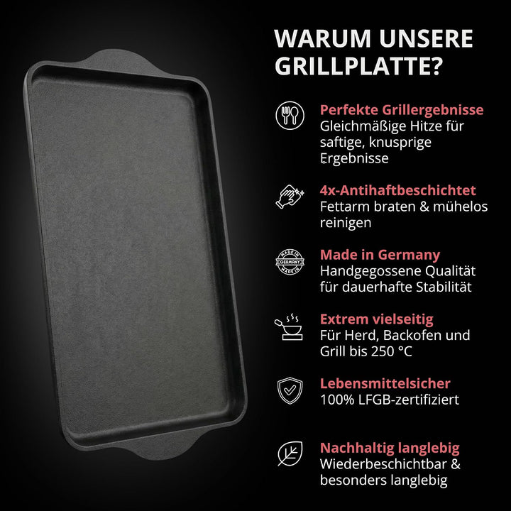 Lieblingspfanne Teppanyaki Grillplatte XXL 43x28 cm - mit Seitengriffen - glatte antihaftbeschichtet