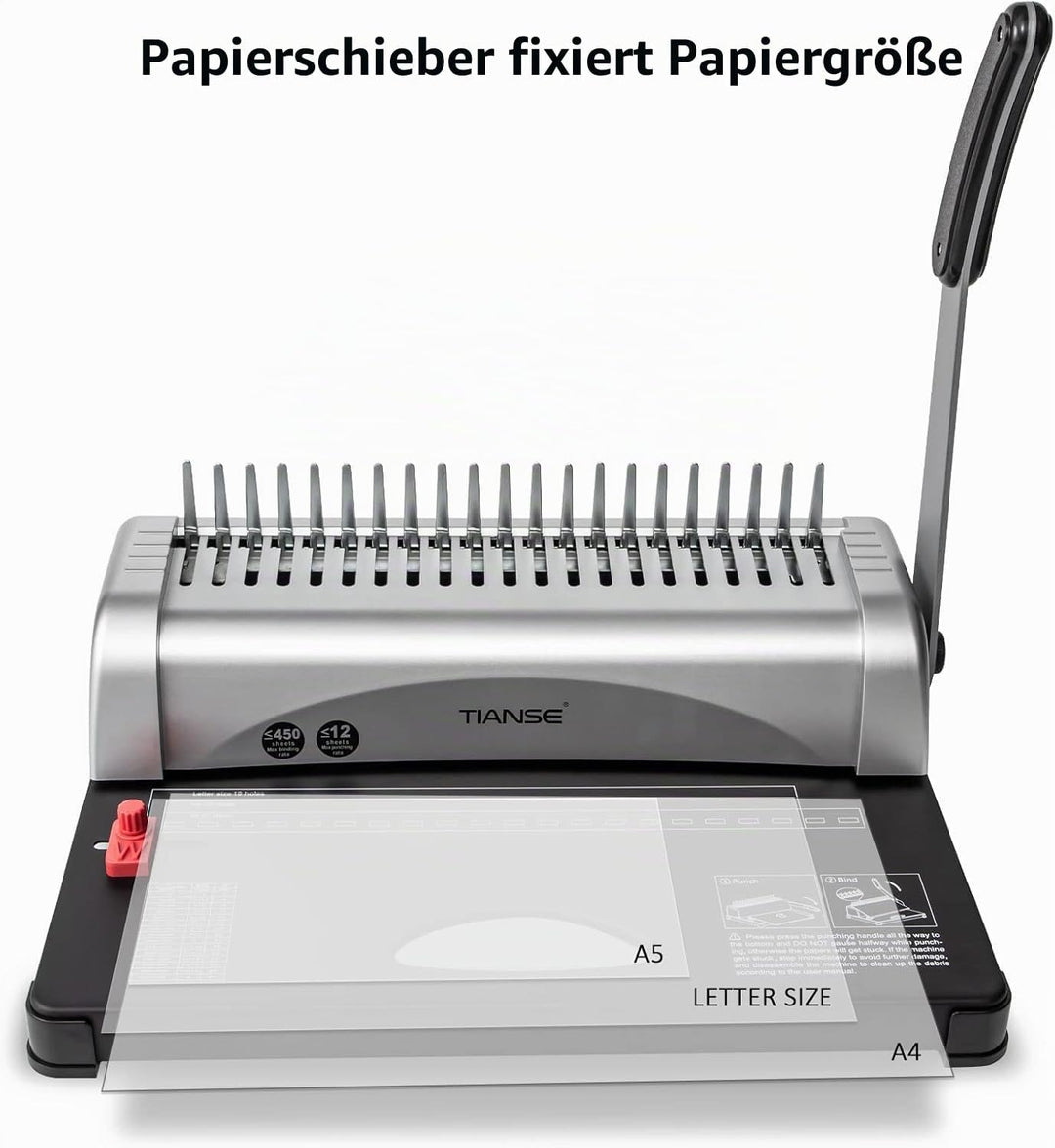TIANSE Bindemaschine, Bindegeräte, 21-Loch, 450 Blatt, Spiralbindung Maschine mit Starter Kit 100 PC
