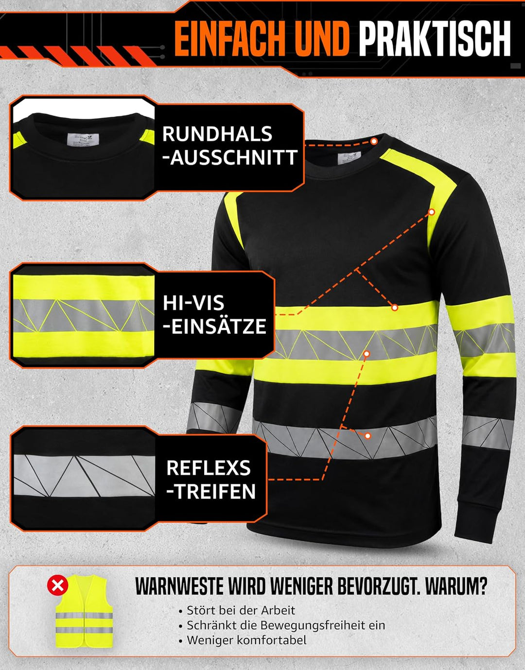 Warnschutz T-Shirt Langarm - Atmungsaktiv Warn Tshirt Herren XXL Schwarz Neongelb, XXL Schwarz Neong