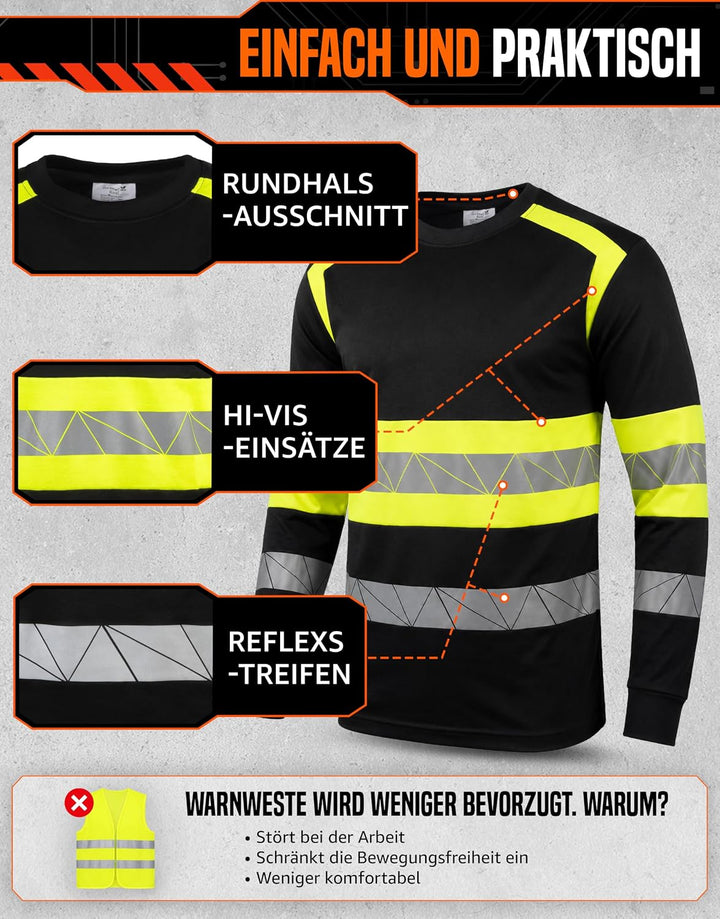 Warnschutz T-Shirt Langarm - Atmungsaktiv Warn Tshirt Herren XXL Schwarz Neongelb, XXL Schwarz Neong