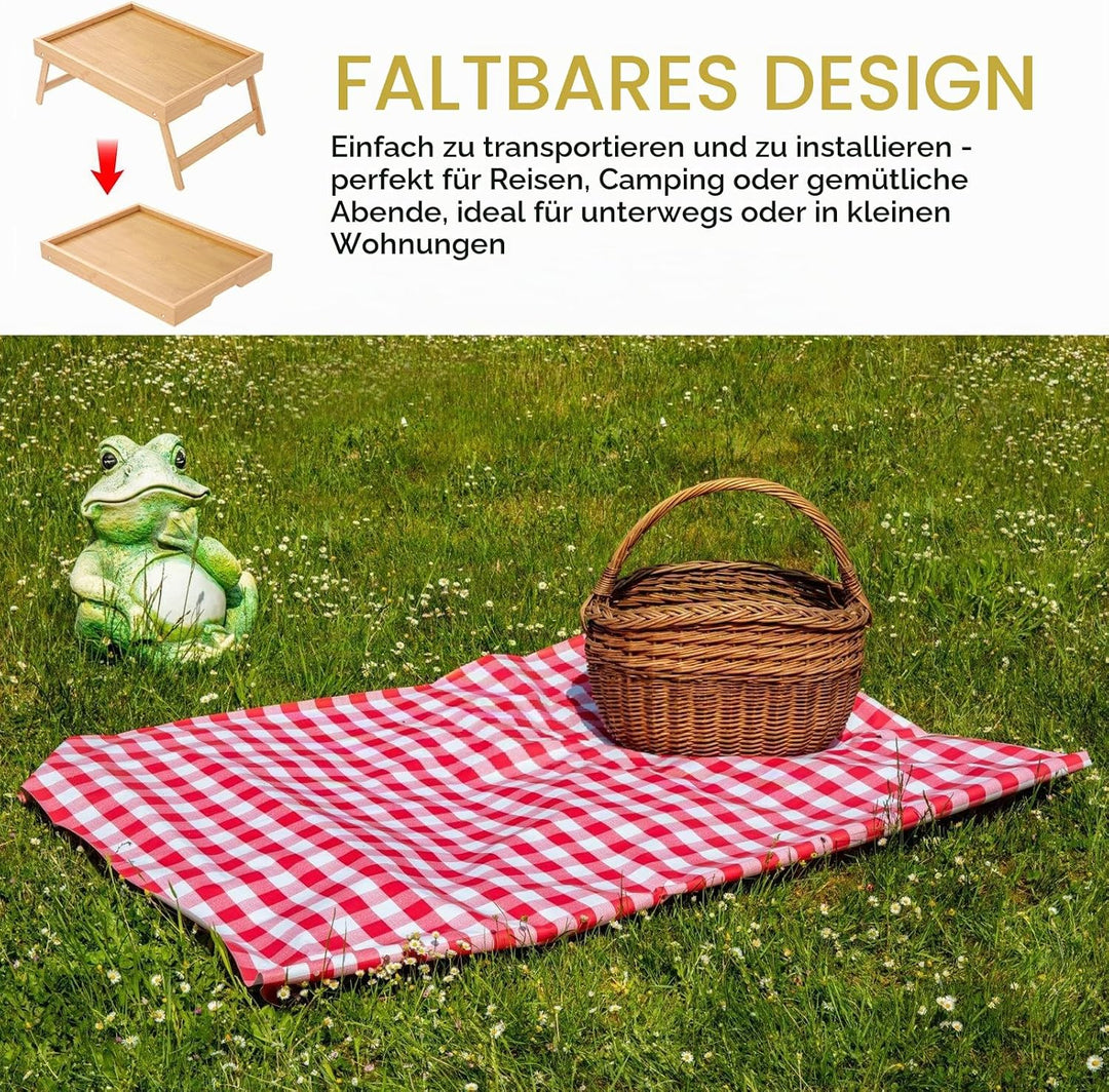 LEKEFETO Betttablett Bambus mit Klappbaren Beinen, Serviertablett für Frühstück im Bett, Frühstückst