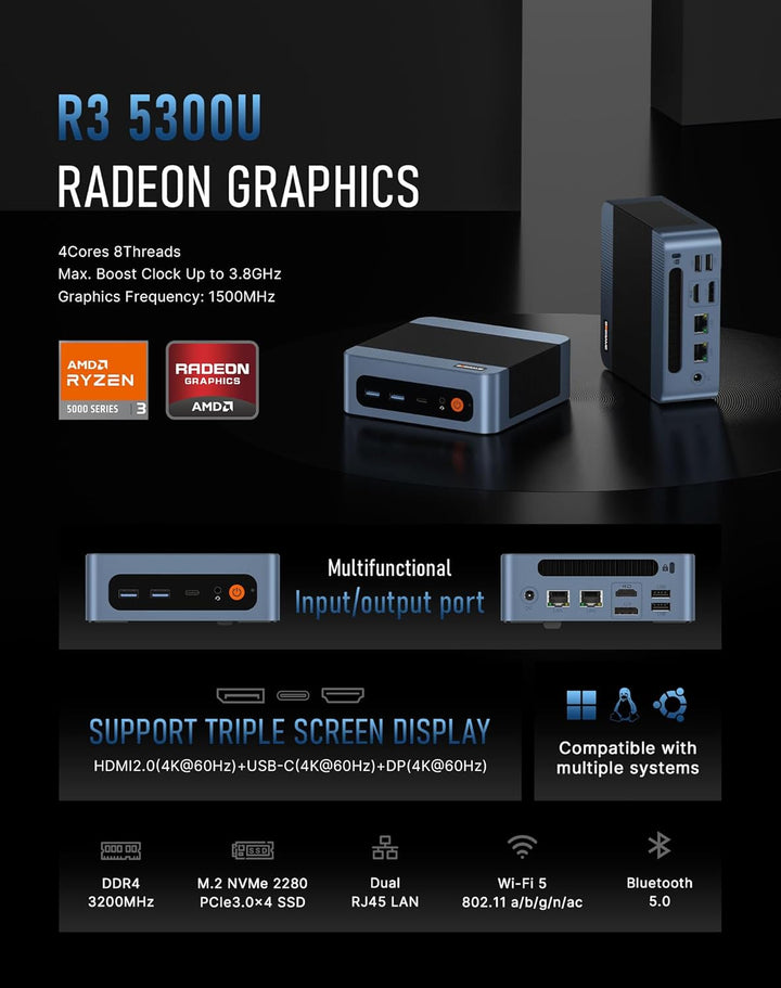 BOSGAME Mini-PC E5 mit AMD Ryzen 5300U, 16 GB DDR4 RAM 1TB SSD(64G+4TB), mini pc Win 11 Pro, Dual LA