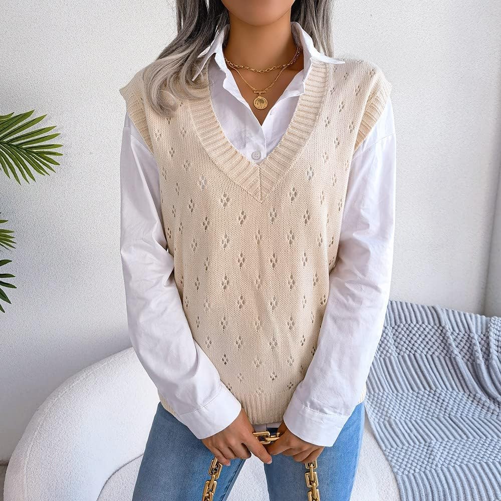 Ärmellose Strickweste für Damen, V-Ausschnitt, College-Pullover, Übergrösse A M, A M