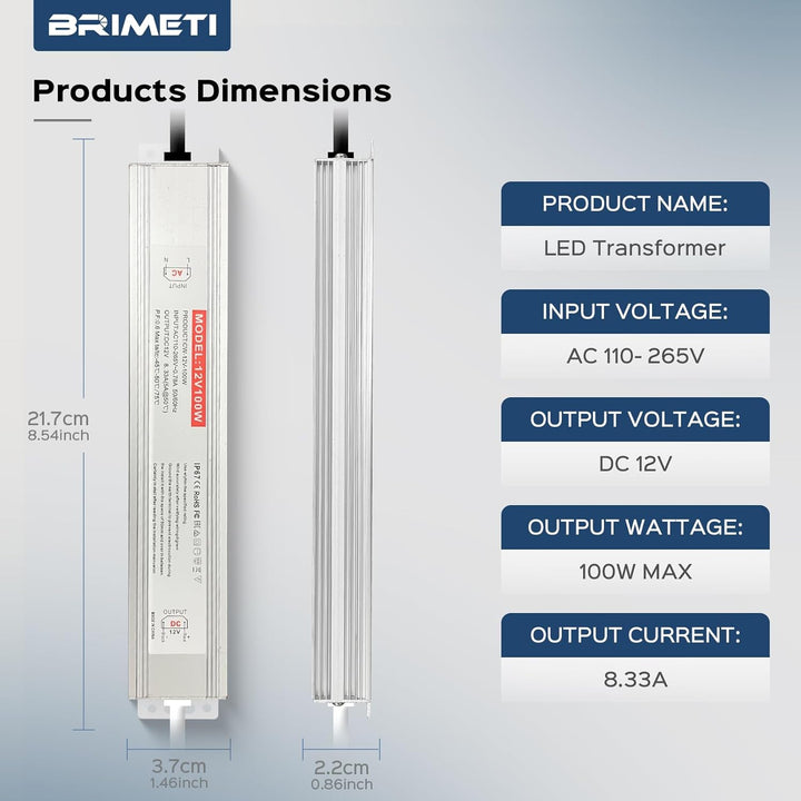 BRIMETI LED Trafo 12V 100W Wasserdicht IP67 LED Treiber Netzteil, Schaltnetzteil LED Transformator 8