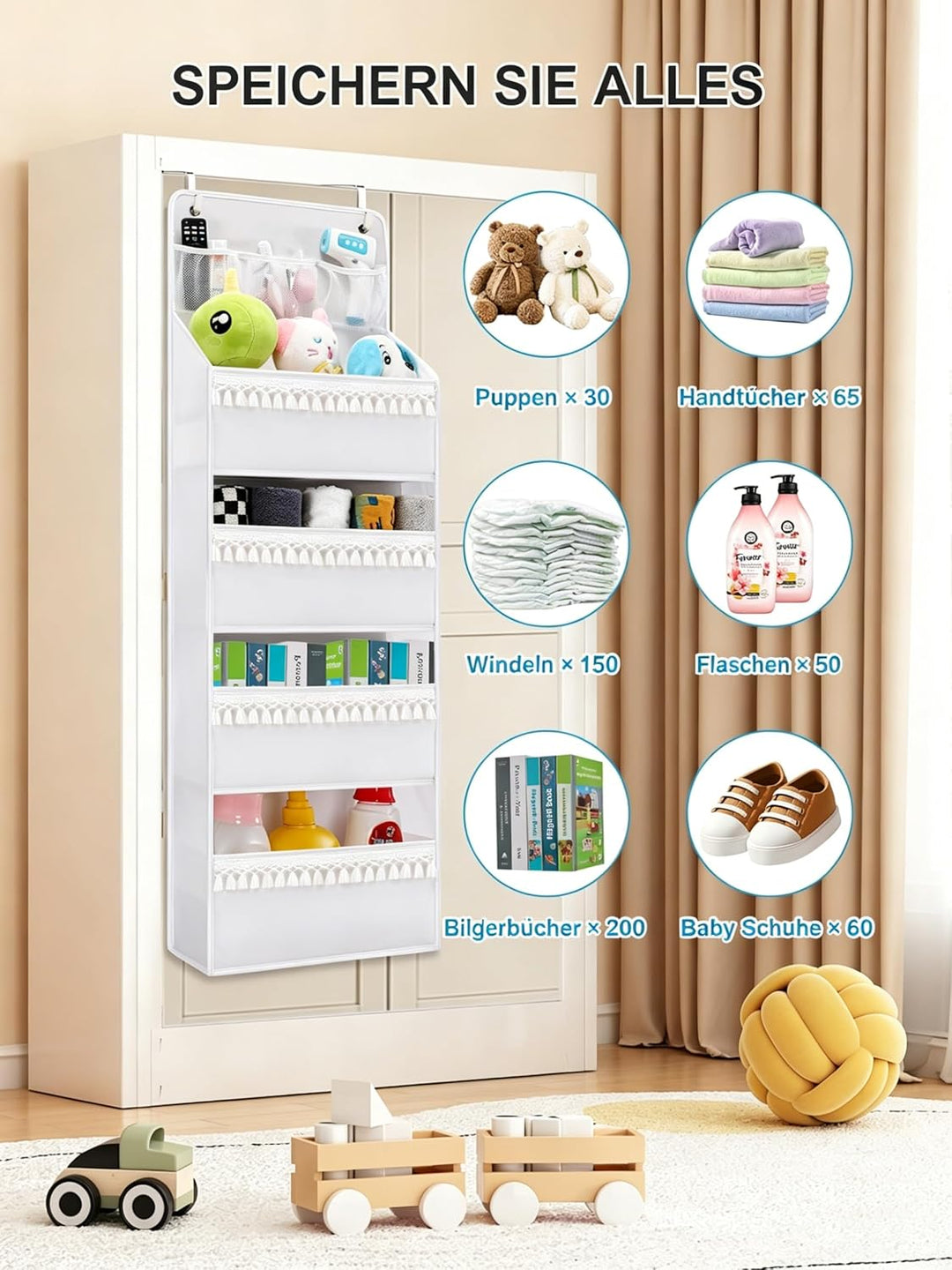 Über der Tür Organizer – Boho-Kinderzimmer-Hänge-Organizer mit Quasten – Aufbewahrung hinter der Tür