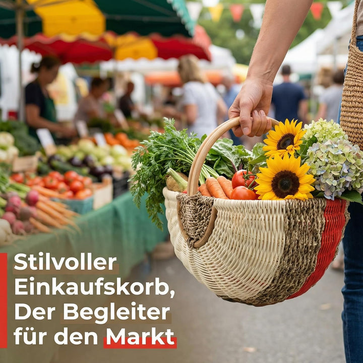 Grosser Einkaufskorb aus Rattan & Seegras – Handgeflochtener Picknickkorb mit Henkel – 48x33x24 cm –